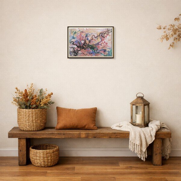 aquarelle-courant-souterrain-atlas-organique-mockup1 Œuvre abstraite contemporaine dans un intérieur épuré et lumineux