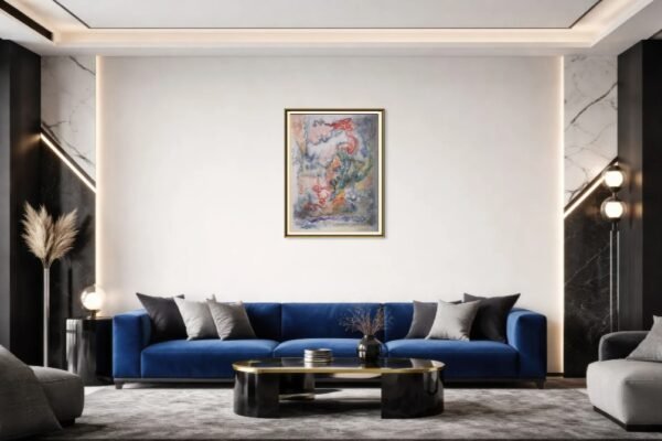 aquarelle-émergence-multiple-écritures-vivantes-mockup1 Œuvre abstraite contemporaine lumineuse dans un intérieur moderne