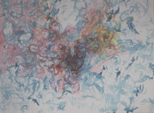 aquarelle-essaimage-diffus-configurations-interieures Essaimage diffus est une aquarelle abstraite contemporaine bleue et ocre avec formes diffusées depuis un centre