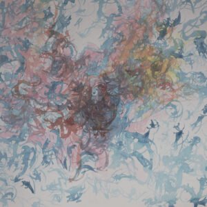 Essaimage diffus est une aquarelle abstraite contemporaine bleue et ocre avec formes diffusées depuis un centre