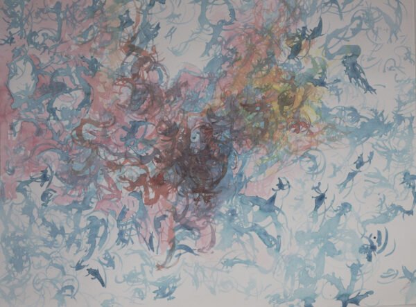 aquarelle-essaimage-diffus-configurations-interieures Essaimage diffus est une aquarelle abstraite contemporaine bleue et ocre avec formes diffusées depuis un centre