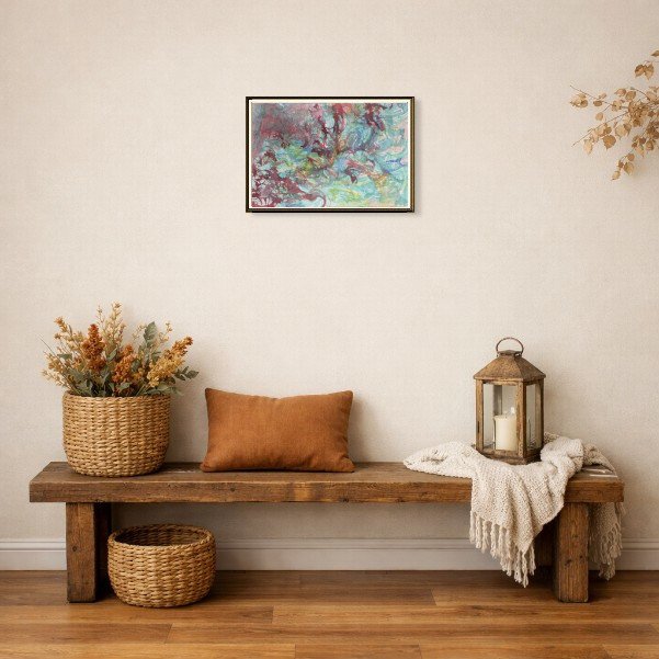 aquarelle-mutation-revelee-ecritures-vivantes-mockup1 Œuvre abstraite contemporaine dynamique dans un intérieur moderne