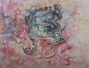 aquarelle-noyau-dense-atlas-organique Noyau dense est une œuvre contemporaine avec centre gris dense et touches rouge orangé