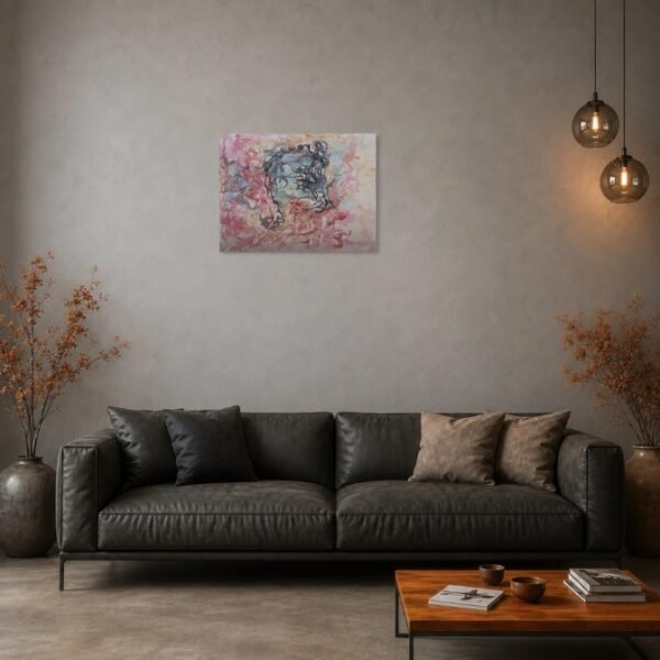 aquarelle-noyau-dense-atlas-organique-mockup1 Grande œuvre abstraite contemporaine dans un intérieur lumineux