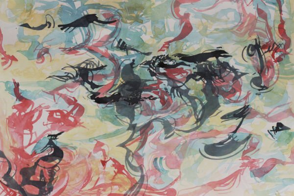 aquarelle-polyphonie-en-tension-atlas-organique Polyphonie en tension est une aquarelle abstraite contemporaine noire rouge et turquoise aux gestes multiples