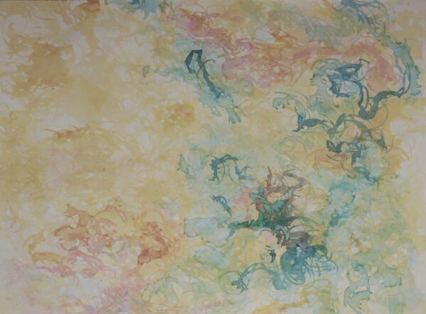 aquarelle-seuil-embryonnaire-configurations-interieures Seuil embryonnaire est une aquarelle abstraite contemporaine ocre et verte évoquant un passage intérieur