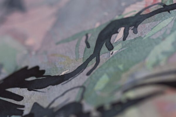 aquarelle-suspension-instable-atlas-organique-détail1 Détail d’aquarelle abstraite en équilibre fragile avec touches rouges et vertes