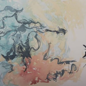 Traversée intérieure: Aquarelle abstraite contemporaine turquoise et ocre traversée par un geste sombre