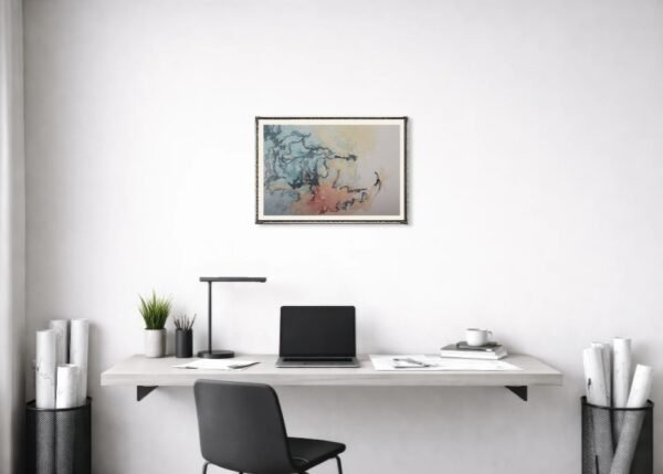 aquarelle-traversée-intérieure-écritures-vivantes-mockup1 Œuvre abstraite contemporaine lumineuse dans un espace de vie épuré