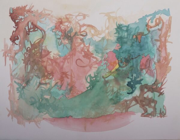 Aquarelle "Assise silencieuse" Assise silencieuse est une aquarelle abstraite contemporaine calme et équilibrée aux formes silencieuses