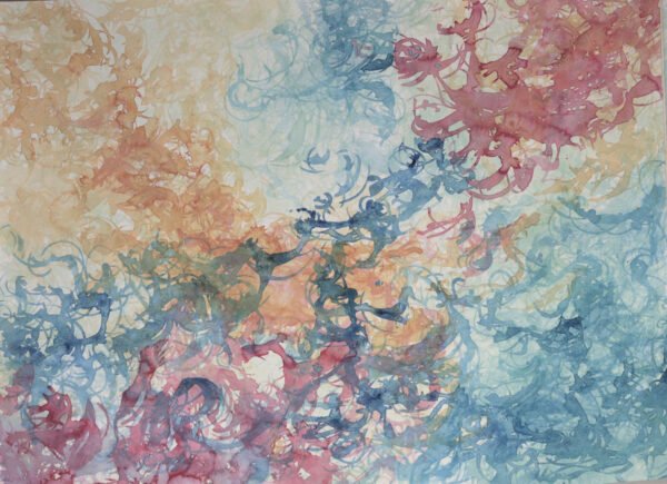 aquarelle-circulation-douce-écritures-vivantes Circulation douce est une aquarelle abstraite contemporaine fluide aux circulations douces et couleurs ocre et turquoise