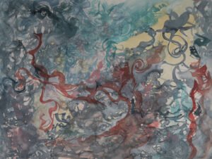 Entrelacs dense Entrelacs dense est une aquarelle abstraite contemporaine dense avec formes entremêlées et tensions organiques