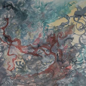 Entrelacs dense est une aquarelle abstraite contemporaine dense avec formes entremêlées et tensions organiques