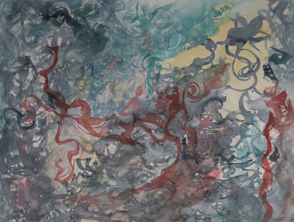 Entrelacs dense Entrelacs dense est une aquarelle abstraite contemporaine dense avec formes entremêlées et tensions organiques
