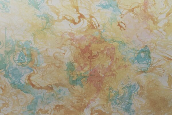 aquarelle-rayonnement-diffus-configurations-interieures Rayonnement diffus est une aquarelle abstraite contemporaine lumineuse ocre et turquoise aux formes diffuses