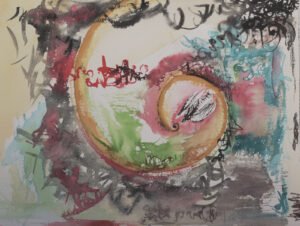 Spirale affirmée — aquarelle abstraite contemporaine Spirale affirmée est une aquarelle abstraite contemporaine aux mouvements spiralés et gestes organiques