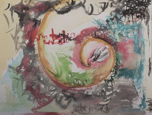 Spirale affirmée — aquarelle abstraite contemporaine Spirale affirmée est une aquarelle abstraite contemporaine aux mouvements spiralés et gestes organiques