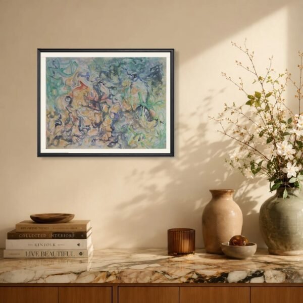 aquarelle-trace-persistante-mockup1 Œuvre abstraite contemporaine lumineuse dans un intérieur moderne